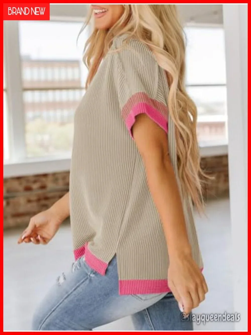 Womens Color Block Oversized Short Sleeve T-Shirt Casual Textured Ribbed Knit